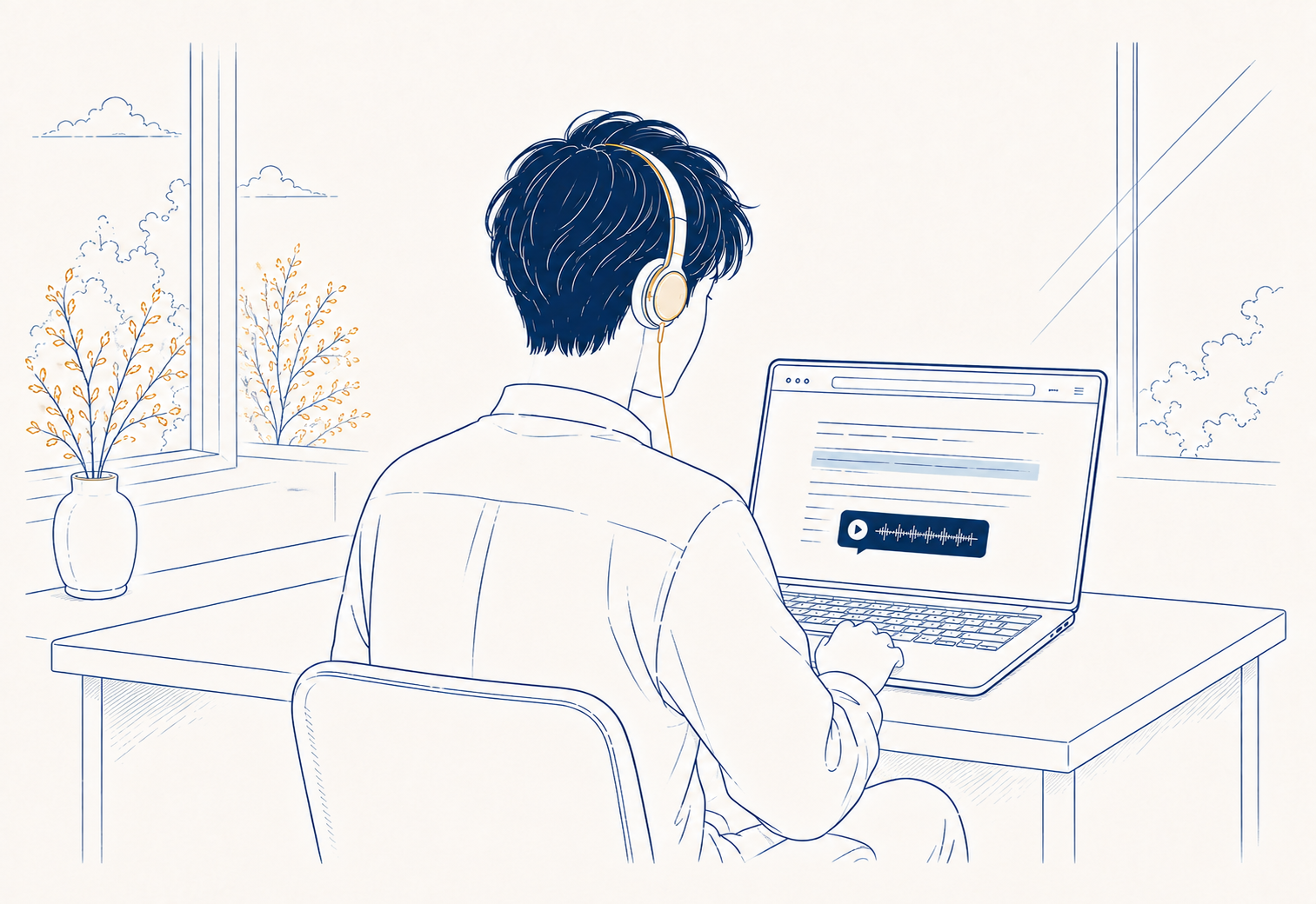 後ろ姿の男性がイヤホンを使い、ノートPCのブラウザで選択した文章を読み上げるイラスト
